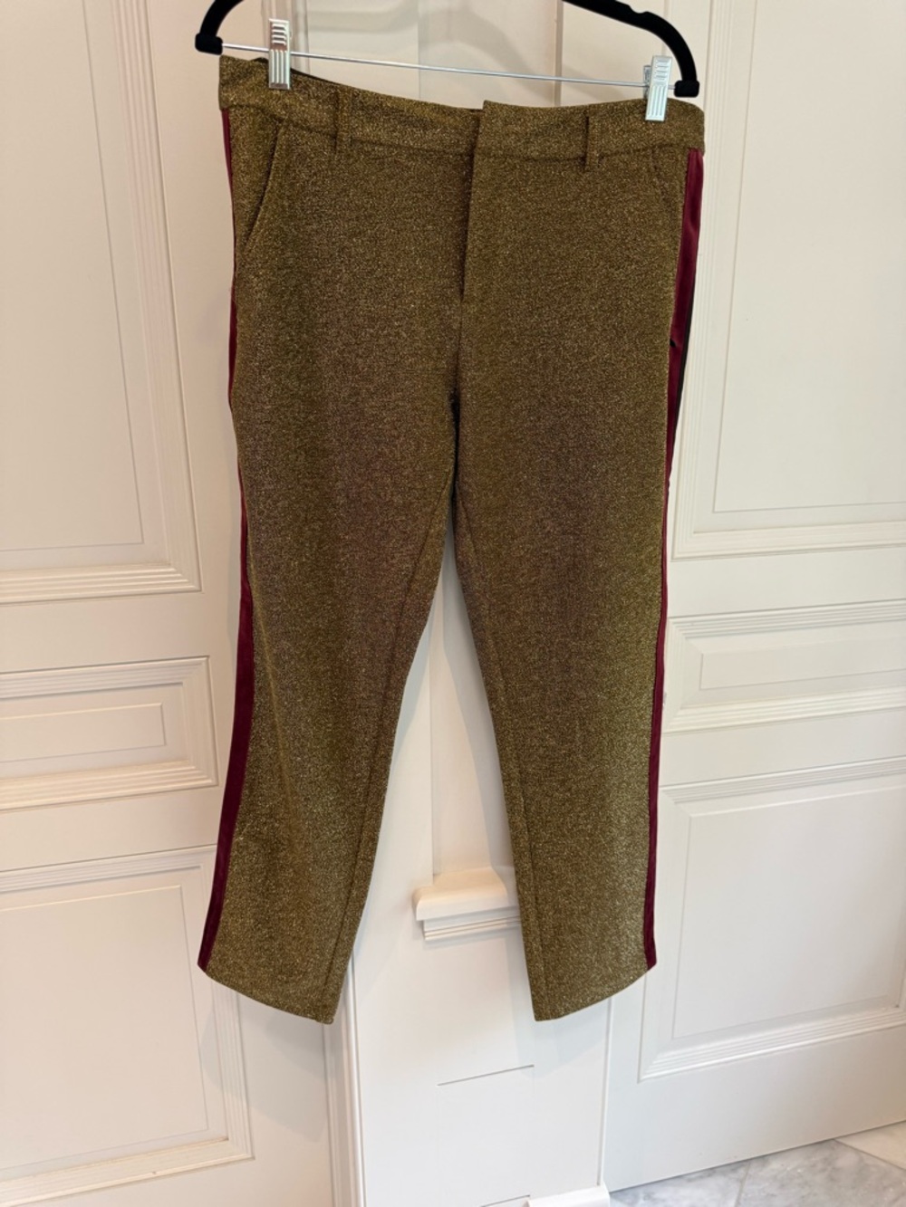 Scotch & Soda Gold Glitter Dress Pants with Burgundy and Black Side Stripe large